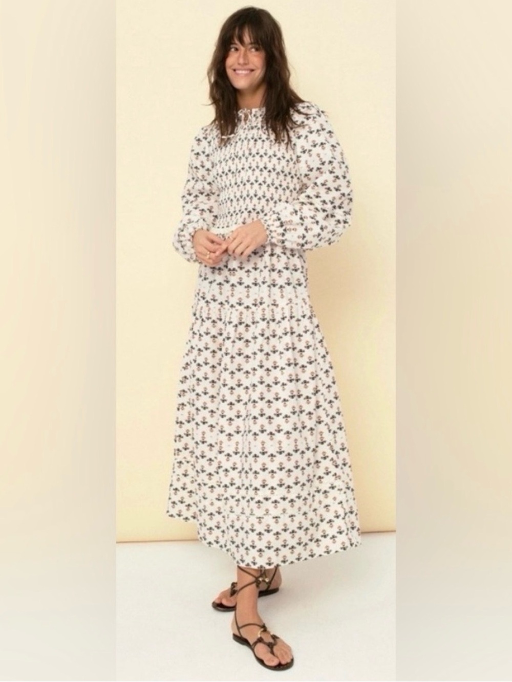 Smocked White Floral Maxi Dress with Long Puff Sleeves